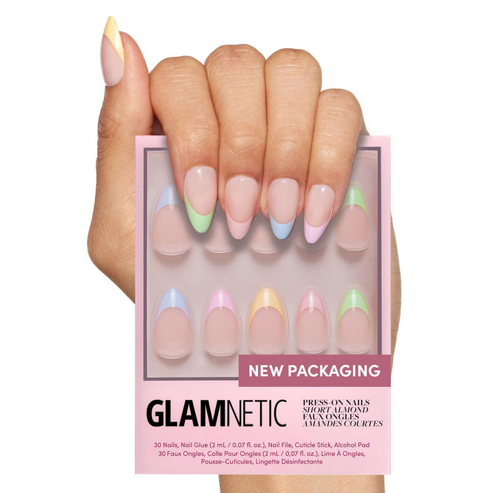 Press on Nails - Madamn | French Tip Nails, UV Finish Short Pointed Almond Shape, Salon Quality Semi-Transparent Nails in 12 Sizes - 24 Nail Kit with Glue