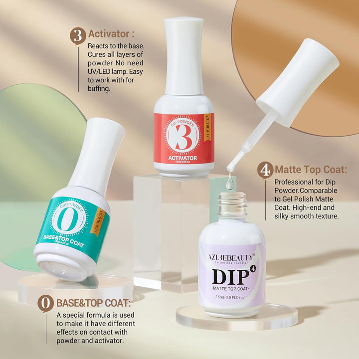 3 Pcs Dip Powder Liquid Set, Base Top Coat with Activator Matte Coat Comprehensive Professional Dipping Powder Essential Set for Dip Nail Art, 15 Ml 0.5 Oz Fast Dry No Nail Lamp Needed