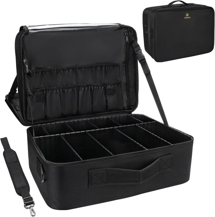 Makeup Case Large Makeup Bag Professional Train Case 16.5 Inches Travel Cosmetic Organizer Brush Holder Waterproof Makeup Artist Storage Box, 3 Layer Large Capacity, with Adjustable Strap