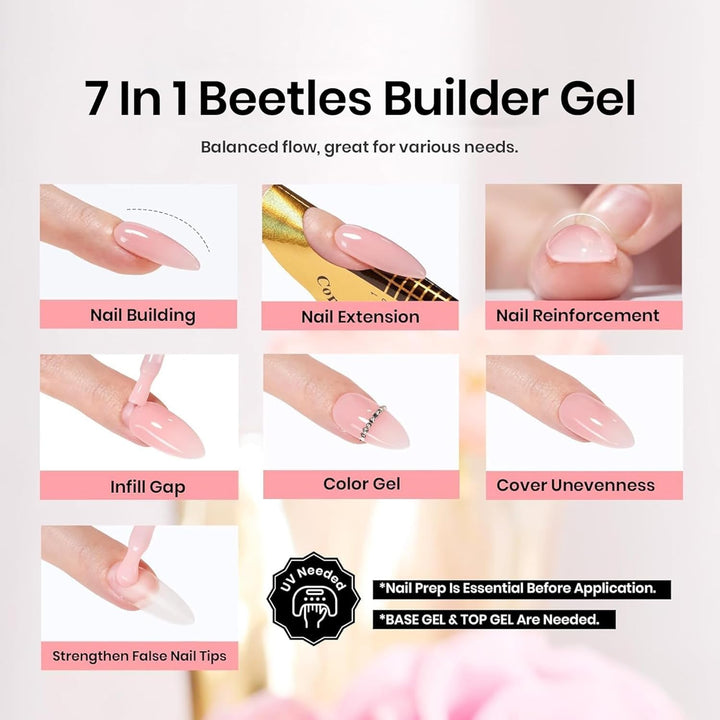 Beetles Builder Gel for Nails-Cover Nude Translucent 7 in 1 Nail Thickening Strengthening Building Apex for Beginner DIY Salon at Home,Natural Nude Builder Nail Gel, UV & LED Lamp Cured Needed