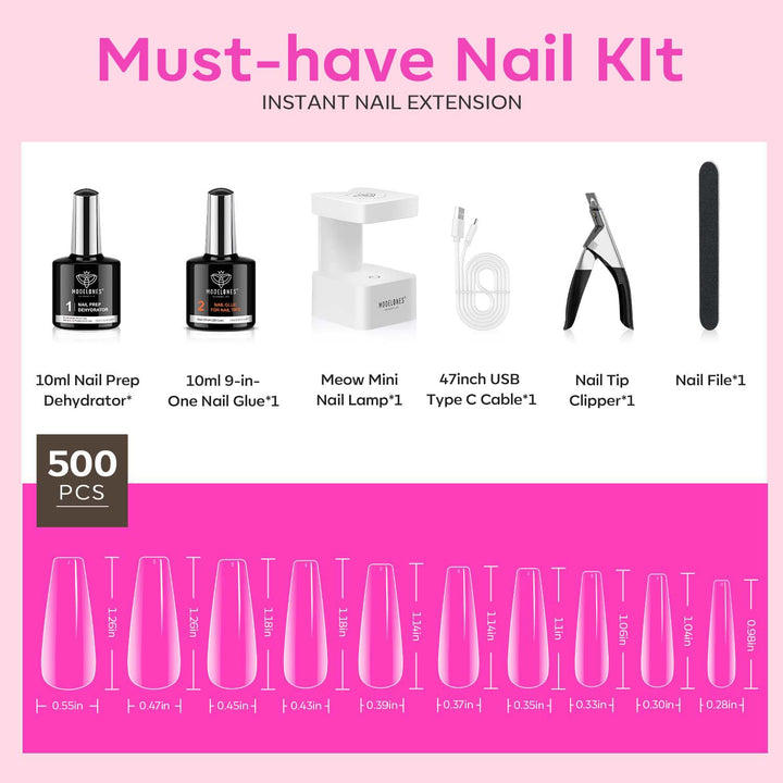 Gel Nail Kit, Fake Nails Long Coffin, 9-In-One Glue Prep Dehydrator & Portable Mini U V Light Acrylic Clipper, 500Pcs Coffin Tips for Extension Kit DIY Salon Home Gifts for Women