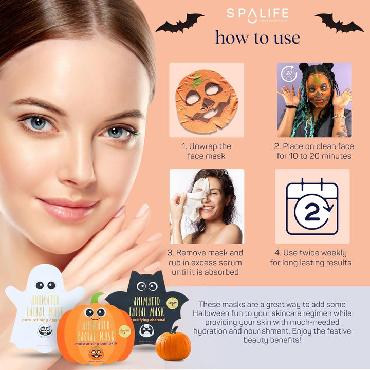 Facial Mask Sheet Bundle - Pumpkin, Ghost, Bat - Halloween Character Mask Bundle - Face Masks for Skin Care - Moisturizing Sheet Face Masks - Skincare Pack for Women - Spa Beauty Masks