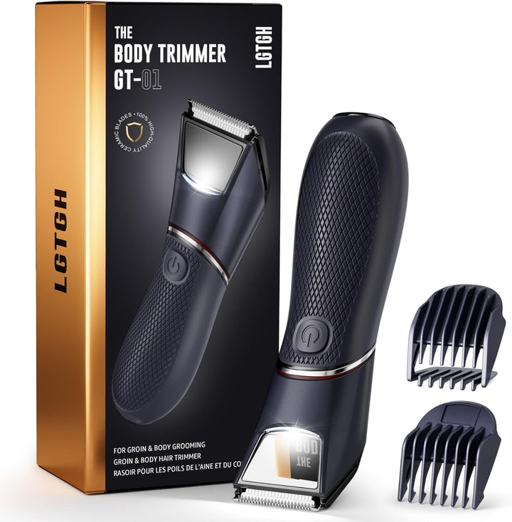 Body Hair Trimmer for Men: Electric Ball Shaver with Mirror & LED Light - Ceramic Blade Pubic Groomer, IPX7 Waterproof for Wet or Dry Use on Groin/Legs/Chest, Features Travel Lock