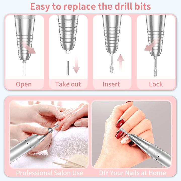 Portable Nail Drill Professional 35000 RPM,  Rechargeable Electric Nail File Machine E File for Acrylic Gel Polishing Removing, Cordless E-File with Bits Kit for Manicure Salon Home, Pink
