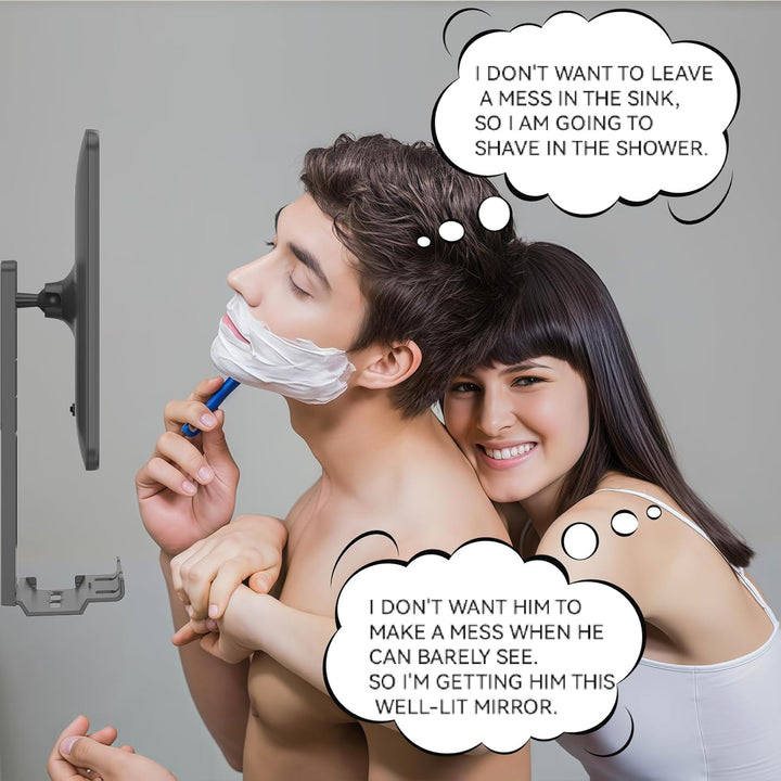 LED Fogless Shower Mirror for Shaving - Heated Fog Free, 3 Dimmable Lights, 360° Adjustable, Rechargeable - with Storage Tray, Razor & Shaving Brush Holders, Gifts for Men