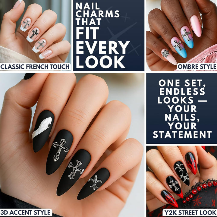 100 Pcs Halloween Nail Charms and Gems - Sturdy & Easy-To-Apply Decorations for DIY & Professional Use, Variety of 3D Acrylic Silver Cross Nail Charms | Halloween Nail Decor or Daily Manicure Designs