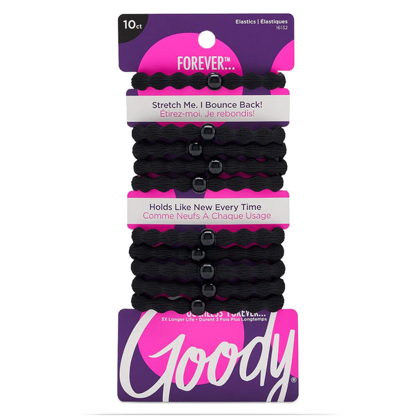 Ouchless Forever Hair Elastics, 10 Ct, Black, Damage-Free Bands, 3X Stronger Elastic Ties, Retainable Shape, 16 Strand Inner Core, Styling Accessories for Women & Men, All Hair Types