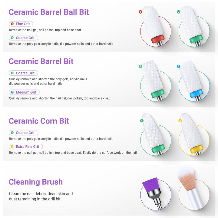 21Pcs Nail Drill Bit Set, Professional 3/32'' Ceramic Diamond Carbide Acrylic Gel Nail Art Tool Kit, Cuticle Remover Bit for Acrylic Gel Dip Powder, Nail Manicure Pedicure, Salon Home