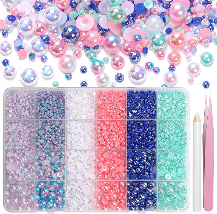 9000Pcs Flatback Pearls for Crafting, Silver Gold White Nail Half Pearls and Gems, 3-8Mm Color Pink Beige Purple Half round ABS Flatback Pearl Beads Bedazzling for Nails DIY Shoes Clothes Bags