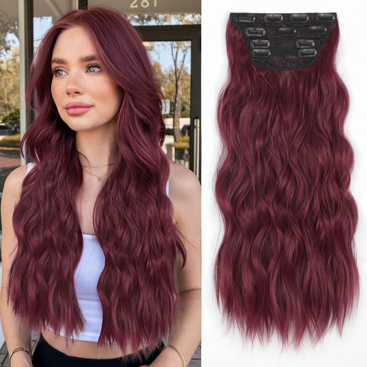 Clip in Long Wavy Synthetic Hair Extension 24 Inch Black 4PCS Thick Hairpieces Fiber Double Weft Hair for Women