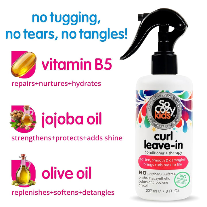 Leave in Conditioner Spray (8 Fl Oz) Paraben-Free Detangler for Kids' Curly Hair, Deep Conditioner & Tangle-Free Curls, Gentle & Nourishing with Keratin, Vitamin B5, Olive Oil & Jojoba Oil