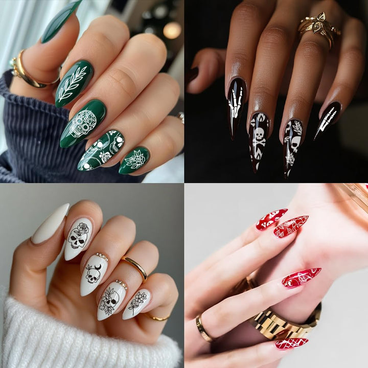3Pcs Gothic Skull Nail Stamper, 58 Patterns Horror Skeleton Flower Nail Stamping Plate Nail Art Stencils Stainless Steel Nail Image Plates for Nail Design Print Manicure Salon Halloween