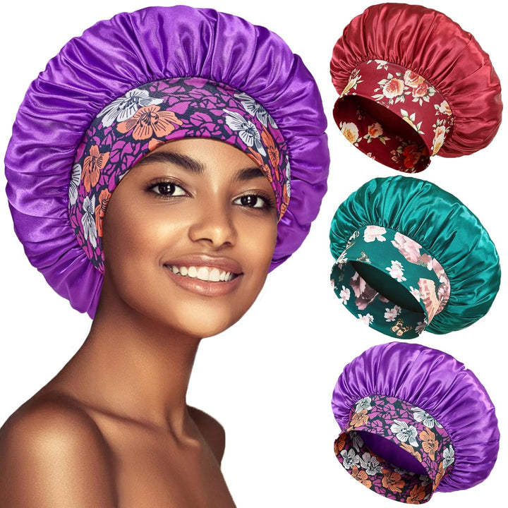 3 Pack Satin Bonnet Silk Hair Bonnet for Sleeping, Sleep Bonnets for Women Large Wide Soft Band Sleep Cap for Curly Hair Braids