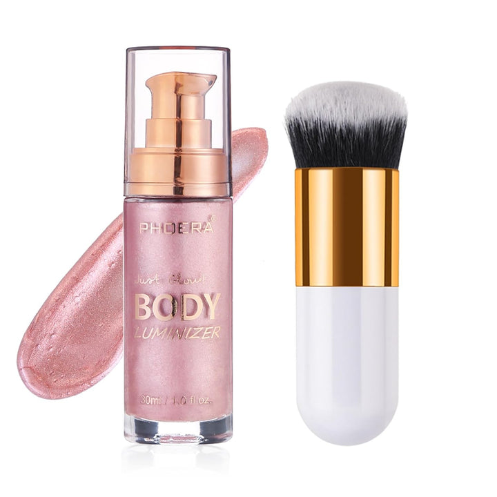 Body Shimmer Oil, Glistening Bronze Natural Glow Luminizer, Long Lasting Waterproof Moisturizing Liquid Illuminator Highlighter Makeup for a Sun-Kissed Glow, Brush Include, 1Oz, Medium