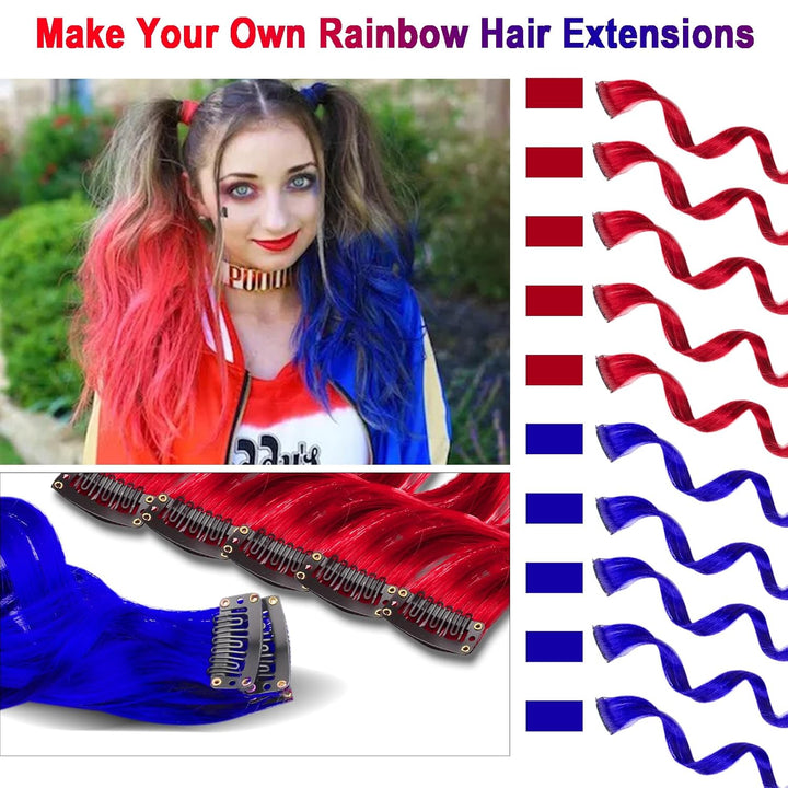 Red and Blue Hair Extensions Clip In,10 PCS Curly Wavy Synthetic Hairpieces Rainbow Neon Party Highlights, Colorful Hair Accessories for Girls Women 17 Inch (Red Blue)
