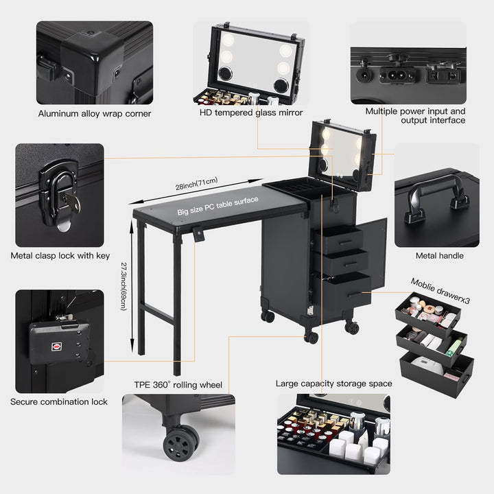 Rolling Portable Manicure Table with 3 Drawers, Lockable Makeup Train Case with Mirror & Nail Polish Organizer, Foldable Nail Desk with Wheels & Handle for Mobile Nail Techs & Salon Use, Black