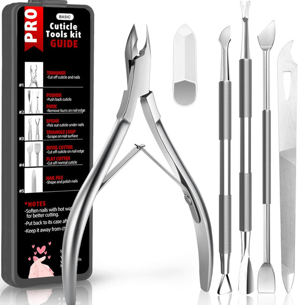5-Pack Cuticle Trimmer Set with Pusher, Cutter, Scraper, Nipper, Clipper, Professional Stainless Steel Cuticle Remover Tools Kit for Fingernails & Toenails - with Case