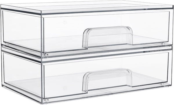 12.1''W Clear Stackable Storage Drawers,2 Pack Acrylic Plastic Organizers Bins for Makeup Palettes, Cosmetics, and Beauty Supplies,Ideal for Vanity, Bathroom,Cabinet,Desk Organization