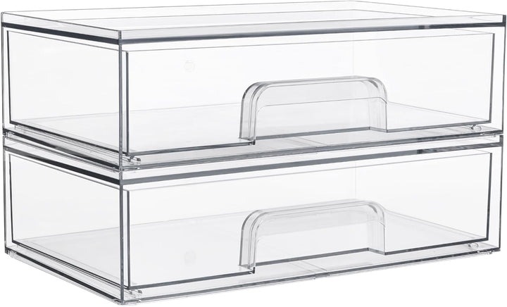 12.1''W Clear Stackable Storage Drawers,2 Pack Acrylic Plastic Organizers Bins for Makeup Palettes, Cosmetics, and Beauty Supplies,Ideal for Vanity, Bathroom,Cabinet,Desk Organization