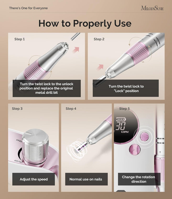 Portable Nail Drill 30000 RPM, SC320F Professional Rechargeable Electric Cordless Nail File for Acrylic Nails Gel Polishing Removing, Efile Nail Kit for Manicure Salon Home, Rose