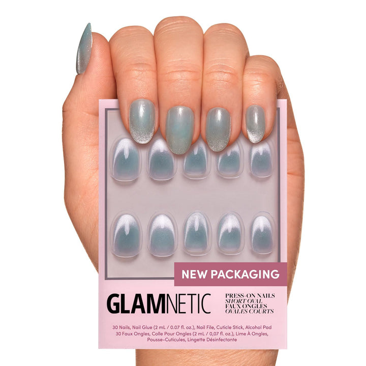 Press on Nails - Madamn | French Tip Nails, UV Finish Short Pointed Almond Shape, Salon Quality Semi-Transparent Nails in 12 Sizes - 24 Nail Kit with Glue