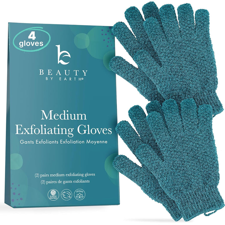 Exfoliating Glove (4 Pcs, 2 Pairs) - Heavy Shower Gloves for Body Scrub, Exfoliates & Removes Dead Skin