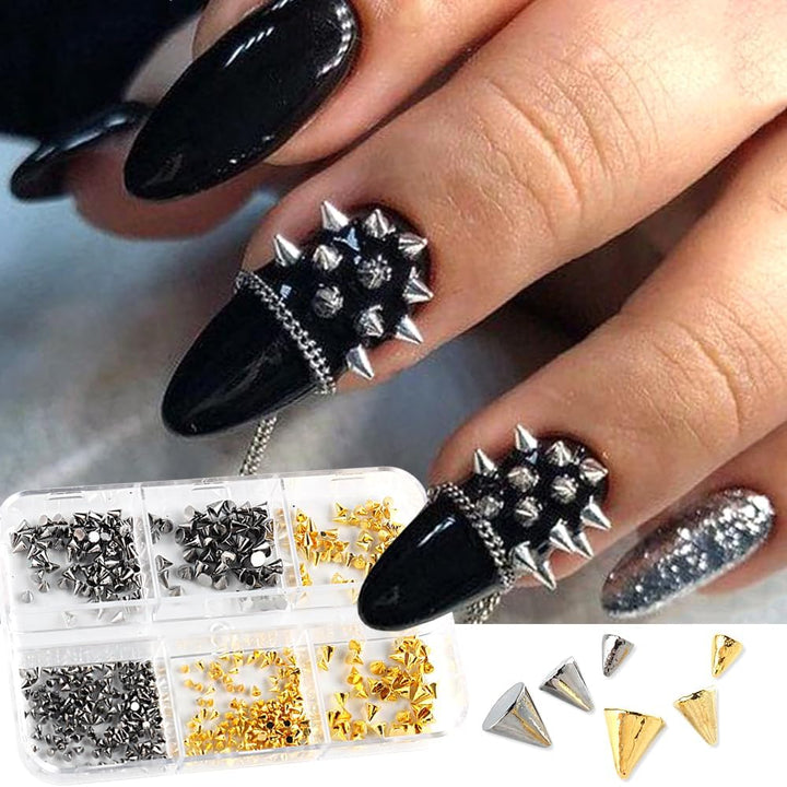3D Mini Metal Punk Nail Art Studs Mixed Sizes Gold Black Cone Spikes Alloy Nail Rivets Jewelry for Women Goth Nail Art Charms Nails Accessories DIY Crafts Decorations