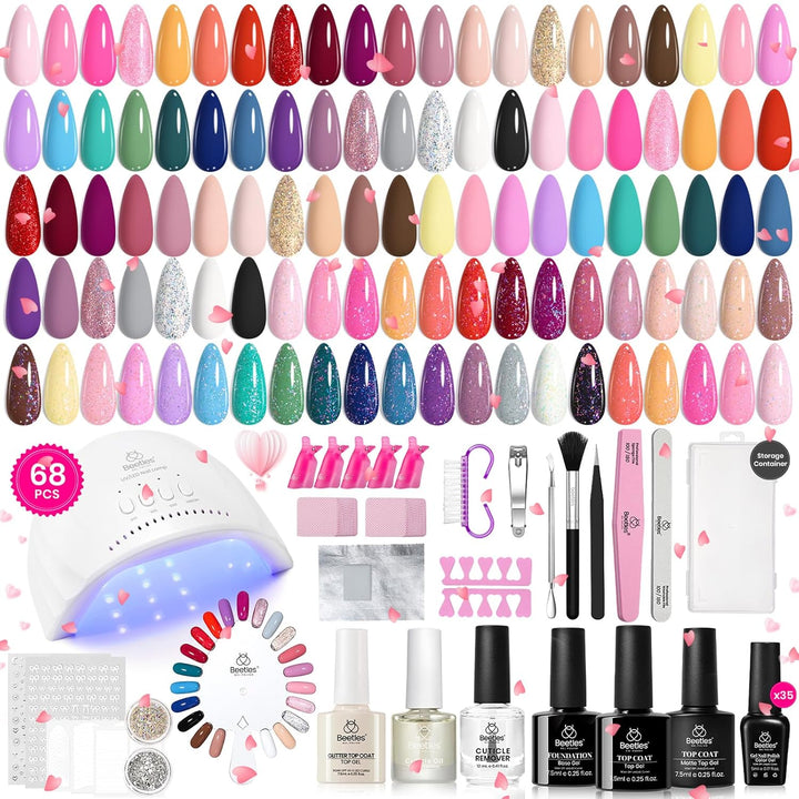 Beetles Gel Nail Polish Kit with U V Light 68 Pcs Emotional Spectrum 35 Colors Gel Polish Nail Kit with Base and Matte&Glossy Top Coat Soak off All Season DIY Set Manicure Tools Gifts for Women