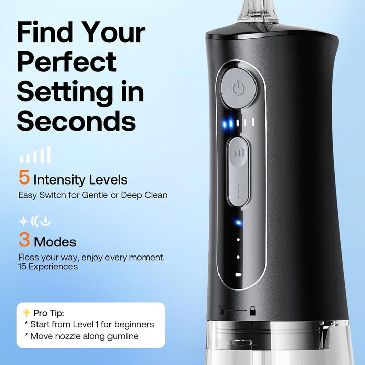Water Dental Flosser for Teeth, Cordless Water Teeth Cleaner Picks, 3 Modes 5 Intensities, IPX7 Waterproof, Rechargeable Water Dental Picks for Cleaning - Black
