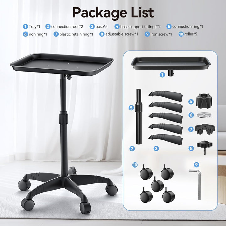 Salon Tray, Adjustable Height Salon Rolling Tray Cart with Wheels, Aluminum Hairstylist Color Tattoo Tray with Wheels for Salon&Spa Use(36Inch)