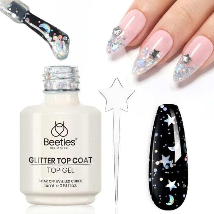 Glitter Top Coat Gel Polish 15Ml Reflective Silver Mix Glitter Shiny Gel Nail Polish No Wipe Uv Gel Top Coat Nail Decoration Nail Art Sparkle Manicure DIY Home Salon