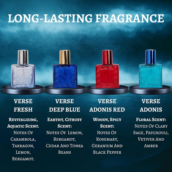 Verse Mini 4-Piece Fragrance Gift Set for Men - Aromatic, Floral, Oriental & Woody Notes - Individually Boxed - Travel Size - 25Ml Eau De Parfum