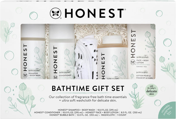Fragrance Free Bathtime Gift Set | Hypoallergenic Bath Essentials for Sensitive Skin | Shampoo + Body Wash, Face + Body Lotion, Bubble Bath, Conditioner, Wash Cloth