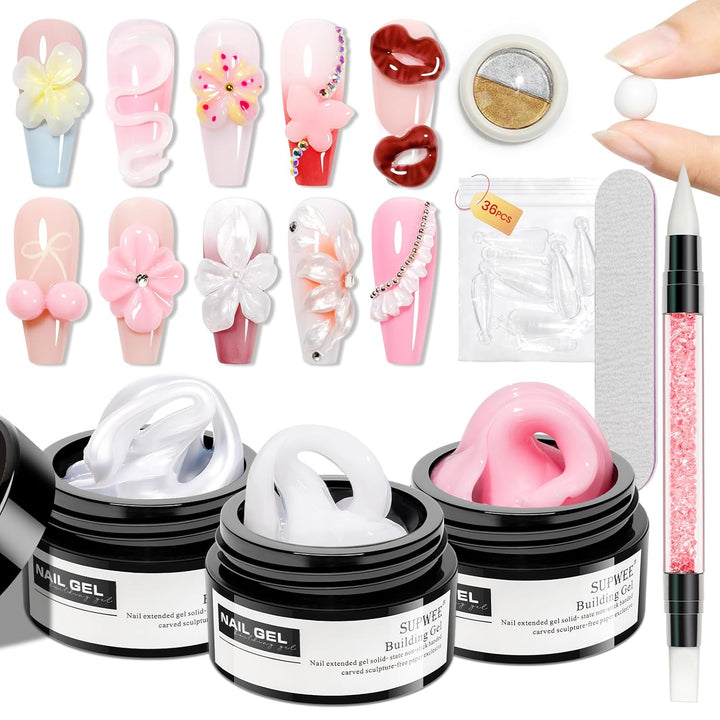 3D Nail Art Gel Clear and White Solid Builder Gel for Nails Non-Stick Hand Sculpture Hard Gels with Dual Form for Carving Patterns Decoration Nail Art Home Manicure DIY for Women