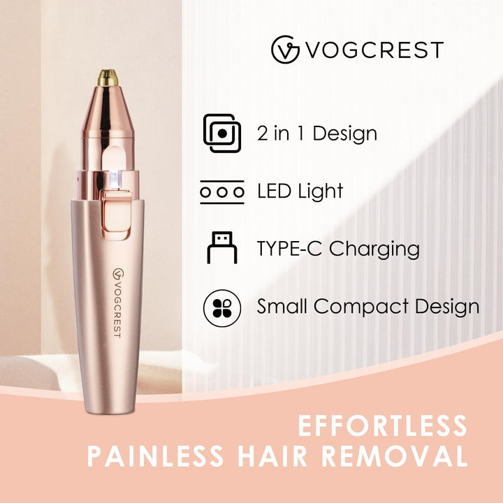 Eyebrow & Facial Trimmer: 2 In1 Rechargeable Facial Hair Removal & Eyebrow Shaver - Body Razor with Built-In LED Light (Rose Gold)
