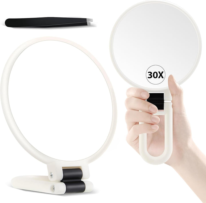 30X Magnifying Mirror, Hand Mirror with Handle, Double Sided Hand Mirror with 30X/1X Magnification, Travel Essential Portable Foldable Makeup Mirror for Precision Makeup Black