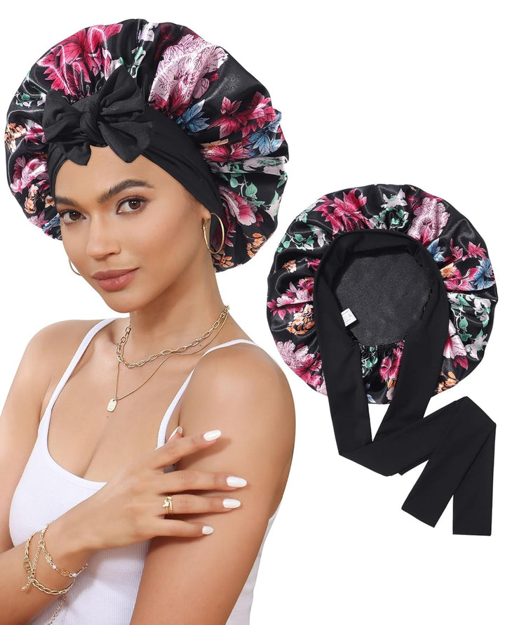 Satin Bonnet for Sleeping Cap Double Layer Hair Bonnet with Elastic Tie Band for Curly Hair Night Cap (Bean Paste + Pink)