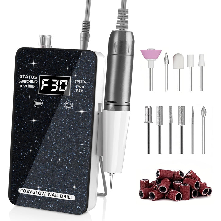 Professional Electric Nail Drill File: Glitter Portable Cordless E-File Nail Drill Kit with 11 Drill Bits,30000 RPM Rechargeable Nail Drills Machine for Acrylic Nails Gel Polishing (Pink)