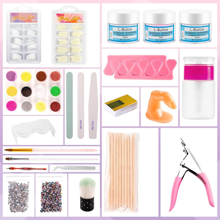 Acrylic Nail Kit for Beginners with Everything Professional, 12 Glitter Powder Nail Kit Acrylic Set, Nail Care Art Design Tip Brush Clipper File Supplie, DIY Tool