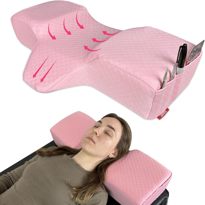 Lash Pillow for Eyelash Extensions - Curved Memory Foam Bed Pillow, Ergonomic Head Rest with Neck Support, Side Pockets for Tools, Fits Lash Beds for Tech – Black