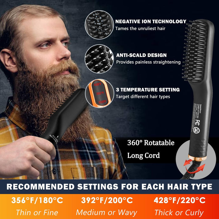 Beard Straightener W/Beard Oil & Balm & Guide E-Book,Upgraded 3 in 1 Hair Straightener Brush Beard Straightening Comb,Unique Stocking Stuffers Gifts for Men Him Dad Husband Birthday Christmas Gifts