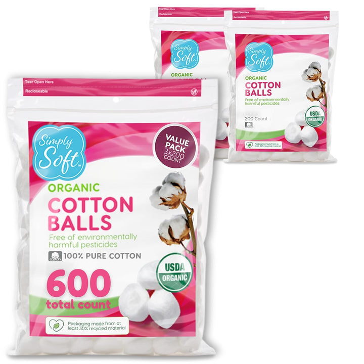 Simply Soft Premium Organic Cotton Balls, 600 Count (3 Bags) 100% Pure Cotton, Certified Organic, Hypoallergenic, Large, Soft & Absorbent for Beauty, Cosmetics, Skin Care, Lint Free