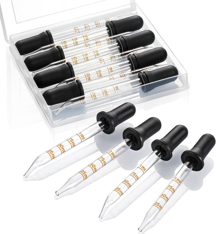 4 Pack, 1 Ml Glass Eye Dropper with Measurement - Long & Short, Bent & Straight Tip Calibrated Glass Medicine Droppers, Accurate Dose Pipette Dropper for Essential Oils, Feeding, Ear, Lab, Health Care