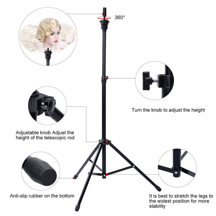 Reinforced Wig Stand Tripod Mannequin Head Stand, Adjustable Holder for Cosmetology Hairdressing Training with T-With Caps, T-Pins, Comb, Hair Clip, Carrying Bag