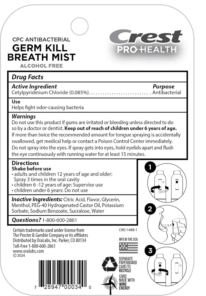 Pro-Health | Portable Alcohol-Free CPC Mist with Clean Mint Flavor | Instant Fresh Breath - 3 Count (0.24Oz/7Ml) Breath Spray