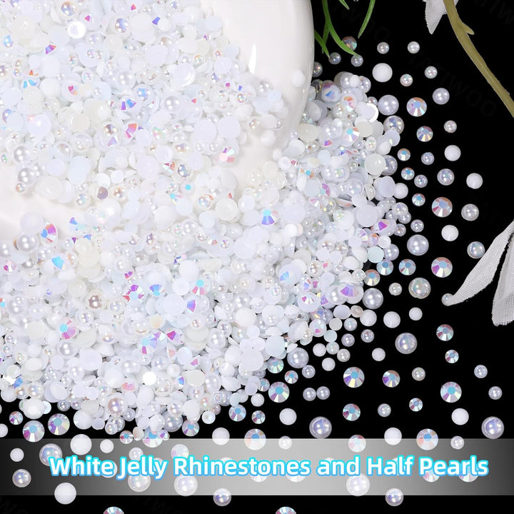 12000 Pcs White Flatback Pearls and Rhinestones for Crafting, 3-5 Mm Jelly Resin Rhinestones, Mixed Size Half Pearl Bedazzling Gems for Nail DIY Crafts Mugs Bottles Tumblers Clothes Makeup