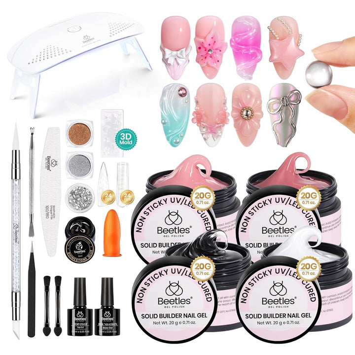 Beetles 3D Gel Nail Art Kit-Crystal Orb 3D Nail Art Clear 1 Oz 5 in 1 Non-Sticky Hand Sculpting Building for Beginner DIY Salon at Home,Clear Solid Builder Nail Gel, UV & LED Lamp Cured Needed