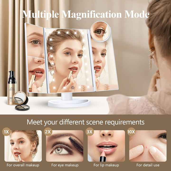 Makeup Mirror Vanity Mirror with Lights, 2X, 3X, 10X Magnification, Touch Control, Trifold, White, 9.4" L X 13.4" W, Modern Style, Dresser Mount, Bathroom