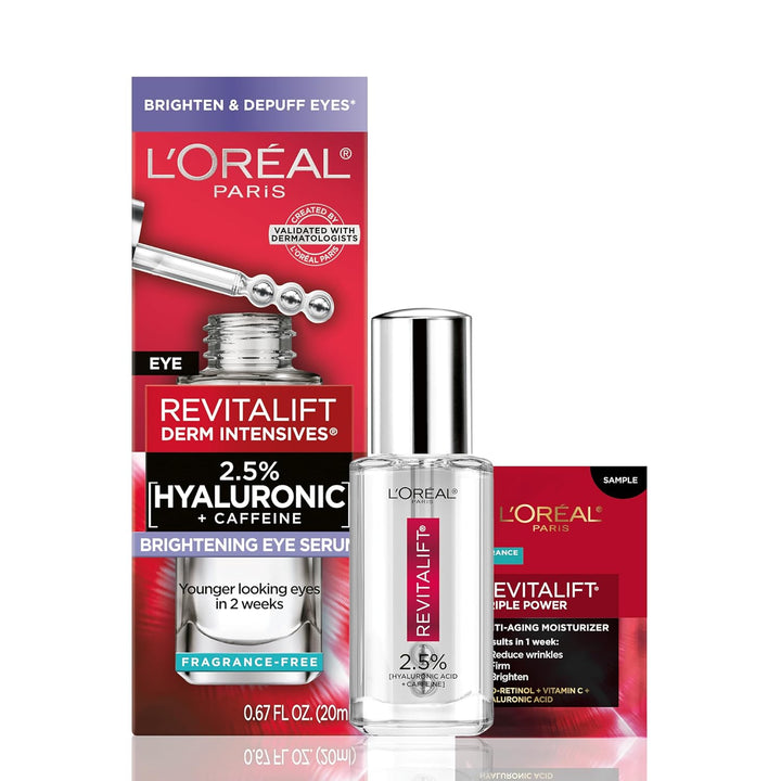 Revitalift Hyaluronic Acid + Caffeine Hydrating Eye Serum for Dark Circles, Fragrance Free .67 Fl. Oz + Moisturizer Sample