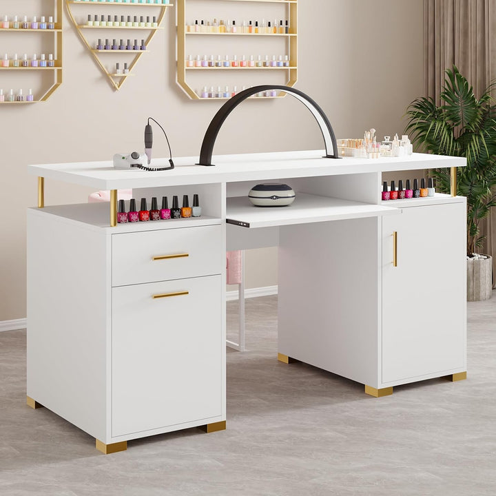 White and Gold Nail Desk for Nail Tech, Manicure Table with 2 Drawers and Cabinet, 55 Inch Nail Table with Movable Shelf, Manicure Table Nail Station